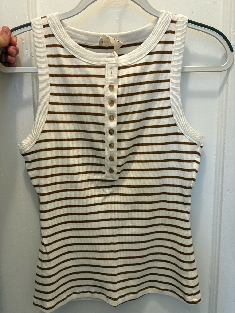 Sezane White & Brown Striped Ribbed Henley Tank